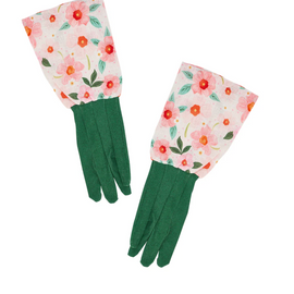 Pair of green gardening gloves with floral cuffs on a white background