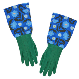 Pair of green gloves with blue floral pattern on a white background