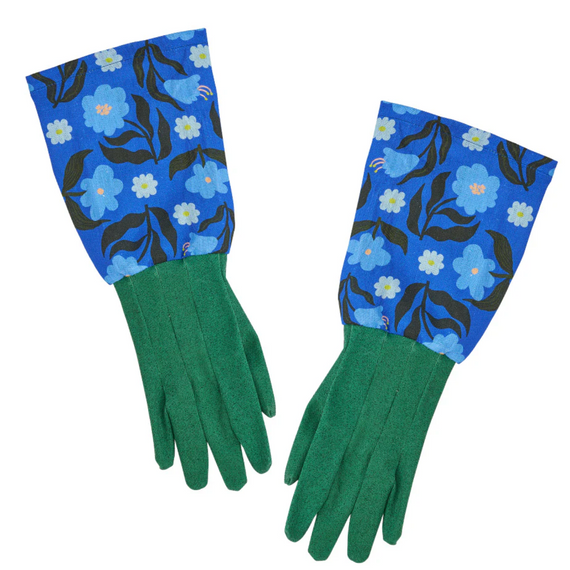 Pair of green gloves with blue floral pattern on a white background