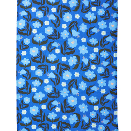 Blue fabric tea towel with floral pattern on a white background