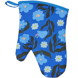 Blue floral patterned oven mitt on a white background