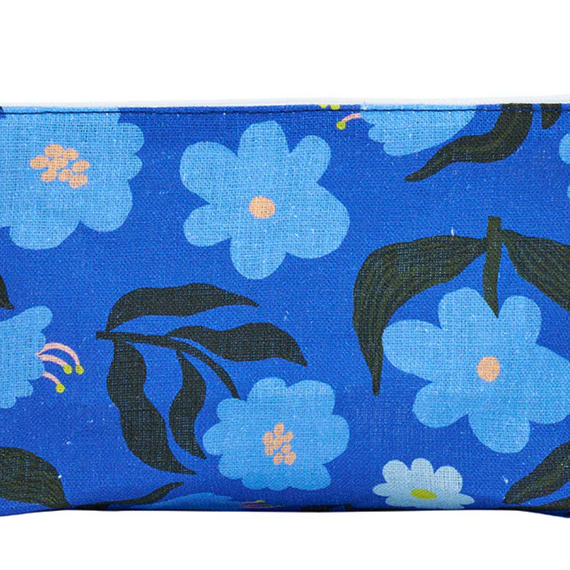 Blue floral pouch with black leaves on a white background