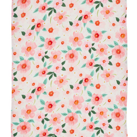 Floral patterned fabric tea towel with pink and orange flowers on a white background