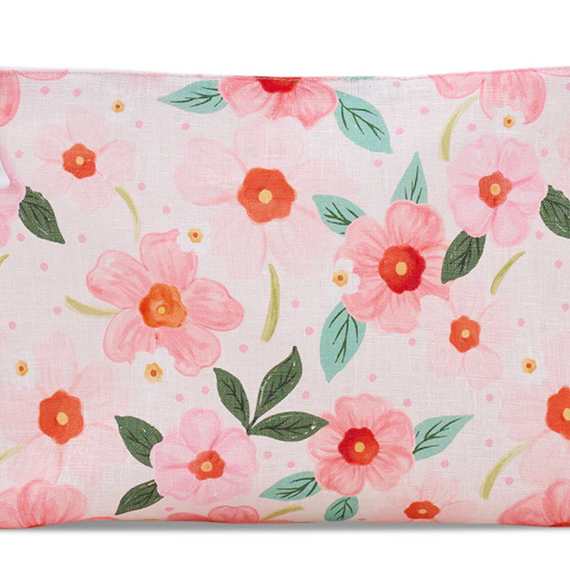 Floral-patterned pouch with pink flowers and green leaves on a white background