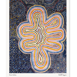 Colorful aboriginal design on a starry night sky background