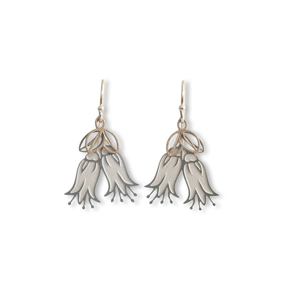 Pair of silver floral earrings on a white background