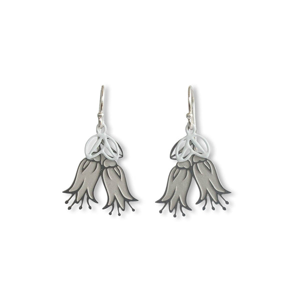 Pair of silver earrings on a white background
