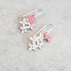 Pair of earrings with white floral designs and pink butterfly accents on a light gray background