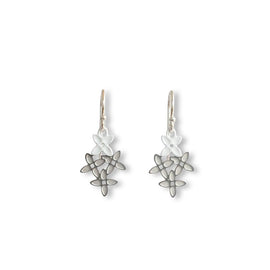 Pair of silver earrings with intricate designs on a white background