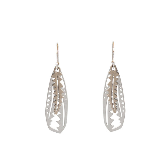 Pair of silver feather-shaped earrings on a white background