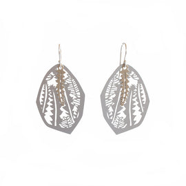 Pair of silver leaf-shaped earrings on a white background