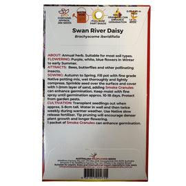 Seed packet for Swan River Daisy with planting instructions on a white background