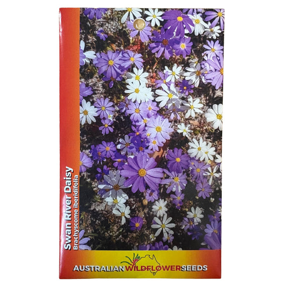 Australian Wildflower Seeds packaging with purple and white flowers on a white background