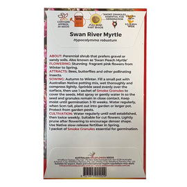 Seed packet for Swan River Myrtle with planting instructions on a white background