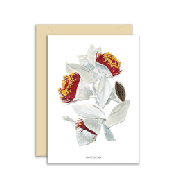 Greeting card with floral design and beige envelope on white background