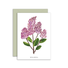 Greeting card with pink flowers and green leaves on a white background