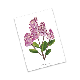 Card with a illustration of pink flowers and green leaves on a white background