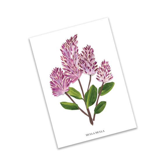 Card with a illustration of pink flowers and green leaves on a white background