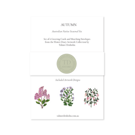 Set of 6 greeting cards with matching envelopes featuring autumn-themed artwork by Talence Denholm on a white background.