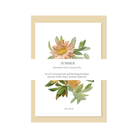 Set of 6 greeting cards with floral design and matching envelopes, framed in a beige border.