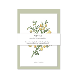 Set of 6 greeting cards with matching envelopes featuring yellow boronia design on a white background.