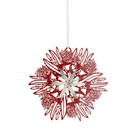 Decorative Tasmanian Blue Gum ornament with red and white design on a white background