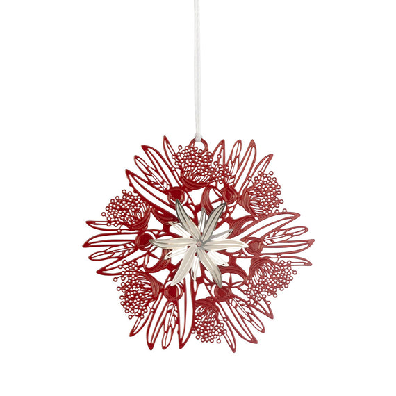 Decorative Tasmanian Blue Gum ornament with red and white design on a white background