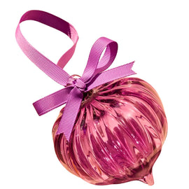 Pink glass ornament with a pink ribbon on a white background