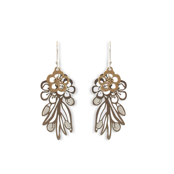 Pair of gold floral earrings on a white background