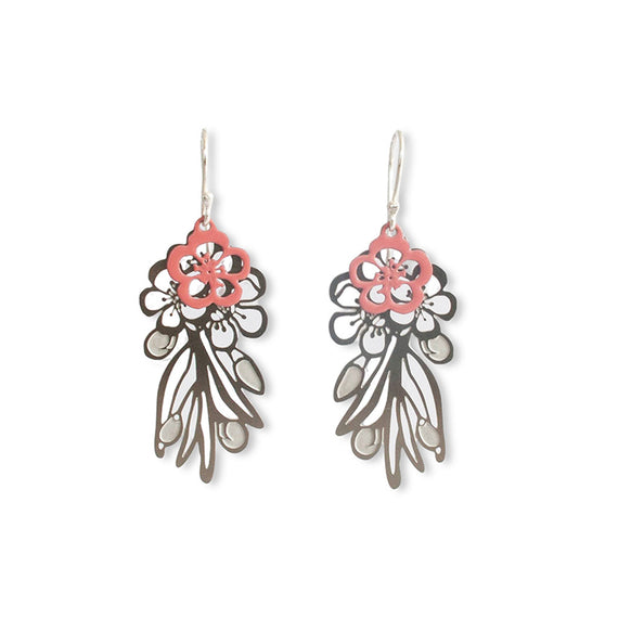 Pair of floral earrings with pink centers and silver accents on a white background