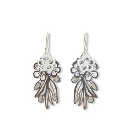 Silver floral earrings on a white background