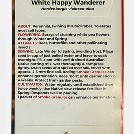 Seeds packet for 'White Happy Wanderer' Hardenbergia violacea alba with text and branding.