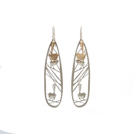 Pair of earrings with bird and nest design on a white background