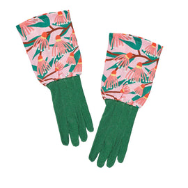 Pair of green gardening gloves with pink floral pattern on a white background
