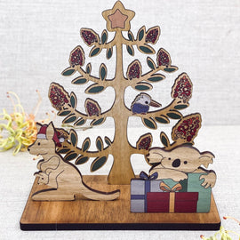 Wooden Christmas Tree with a Kangaroo and Koala