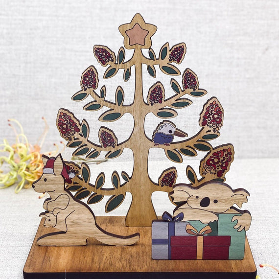 Wooden Christmas Tree with a Kangaroo and Koala
