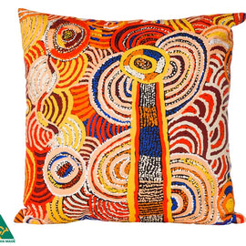 Colorful aboriginal art patterned pillow with Australian Made logo