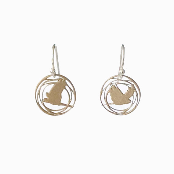 Gold bird-shaped earrings on a white background