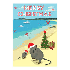 A Christmas card featuring a beach scene with two quokkas, a Christmas tree, and a boat in the background, with the text 'Merry Christmas' on the top.