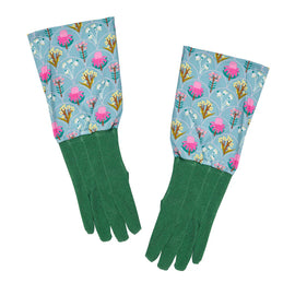 Pair of green gardening gloves with floral pattern on a white background