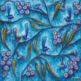 Red Gum Blossom and Blue Wren Print