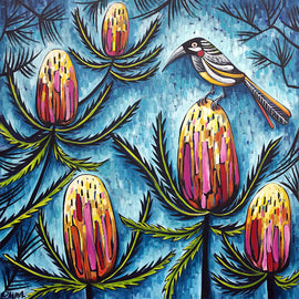 Red Wattle Bird and Banksia Print