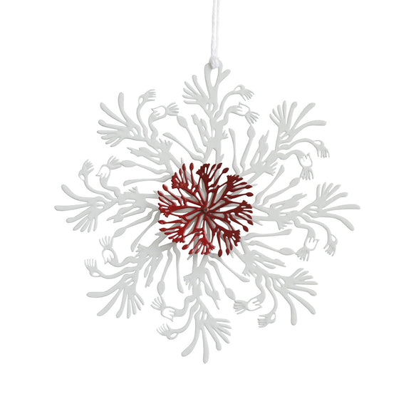 A Christmas ornament featuring a stylized kangaroo paw with a powder-coated finish in red, white, and gold colors, made from raw stainless steel.