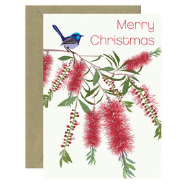 A Christmas greeting card with an illustration of a blue wren on a bottlebrush, with 'Merry Christmas' text, sent to me in a card.